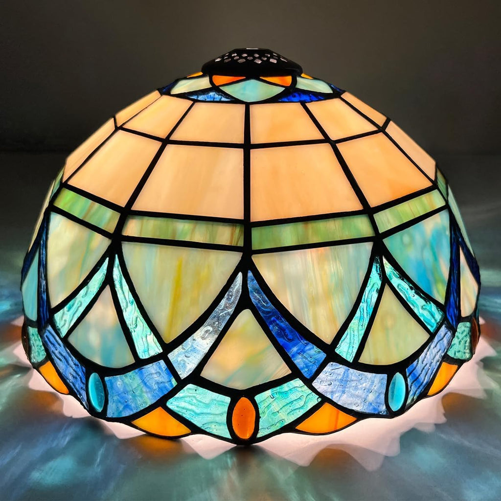 Tiffany Lampshade 12 inch Stained Glass Replacement Lamp Shade Only | Victorian Style Light Blue Shade For Medium Table Lamp Desk Light W12' x H6.3'