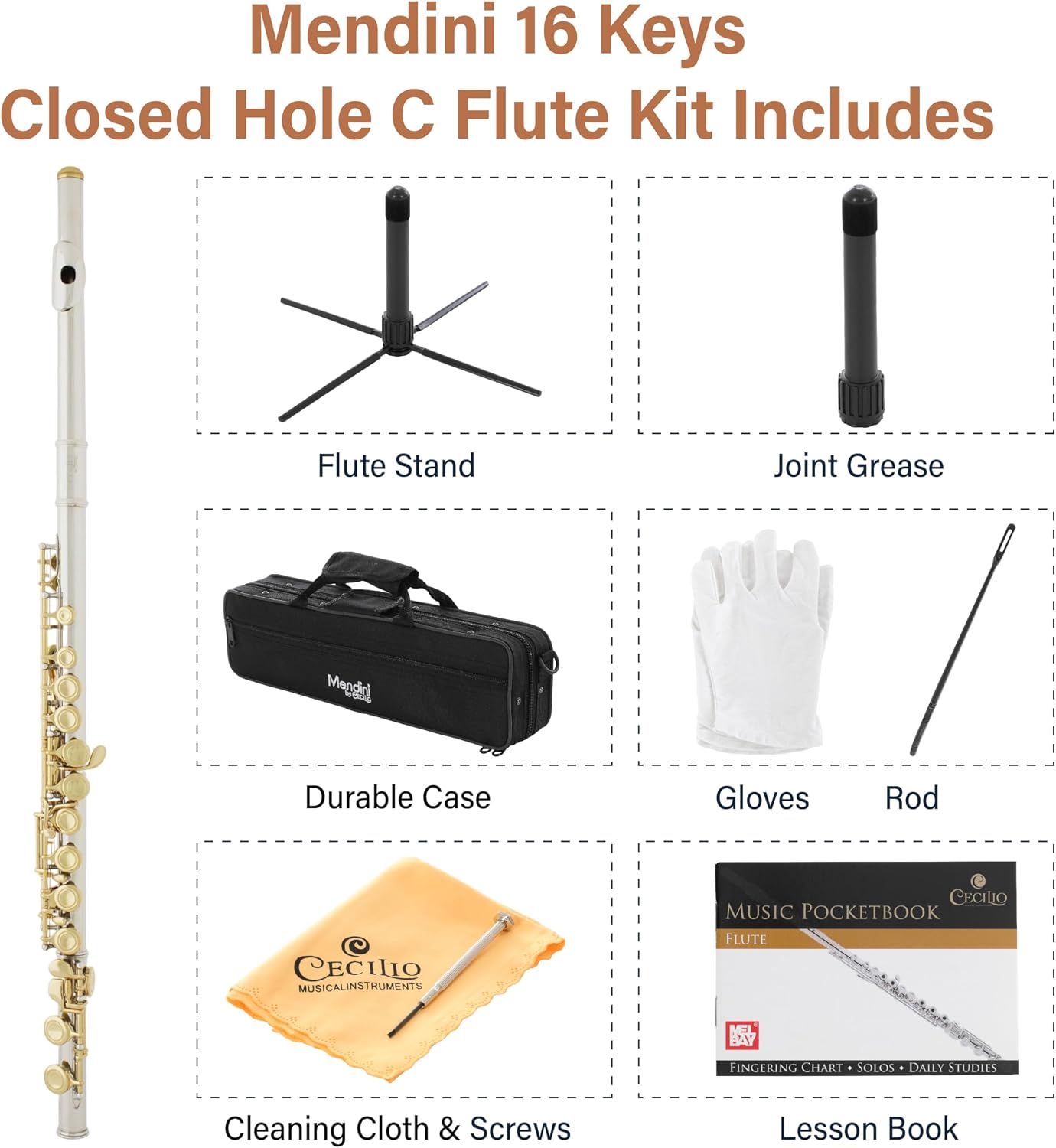 Mendini By Cecilio Flute, 16 Keys Closed Hole C Flute Instrument For Beginners with Carrying Case, Cork Grease, Stand, Lesson Book, Cleaning Kit, Gloves (Gold)