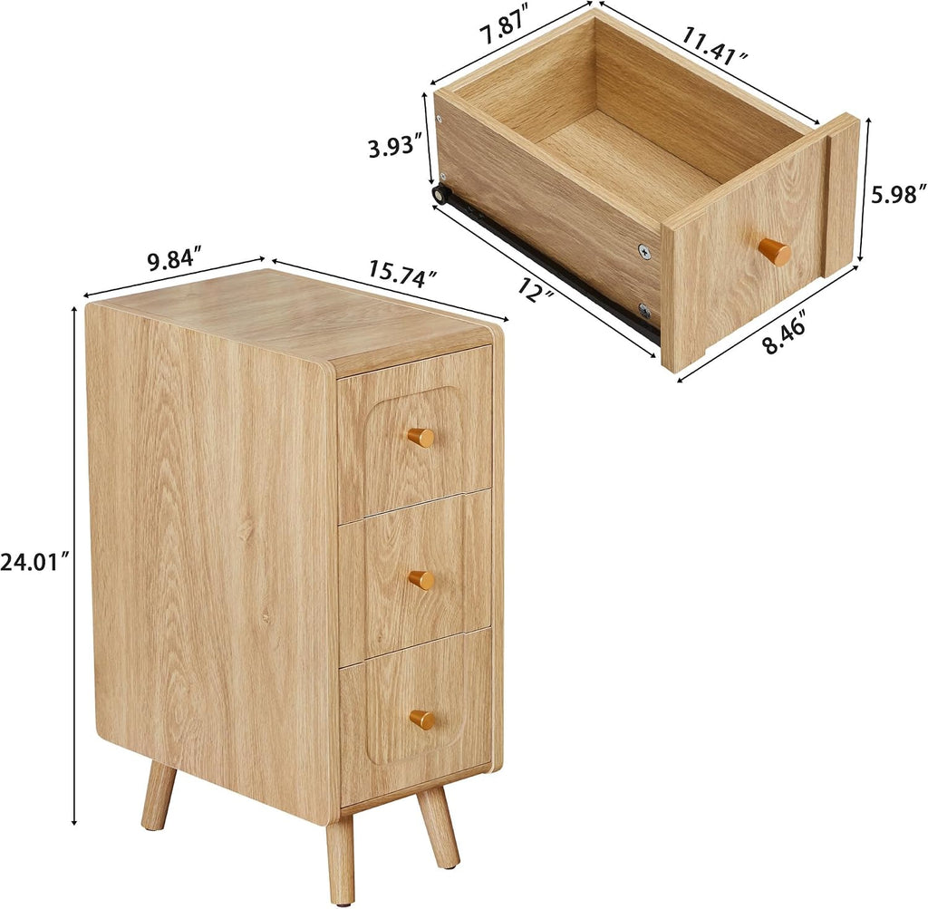 Small Nightstand Set of 2, Narrow Nightstand Slim Couch Side Table with Drawers, Wood End Tables with Storage for Living Room, Bedroom, Small Spaces (Natural-2pcs)