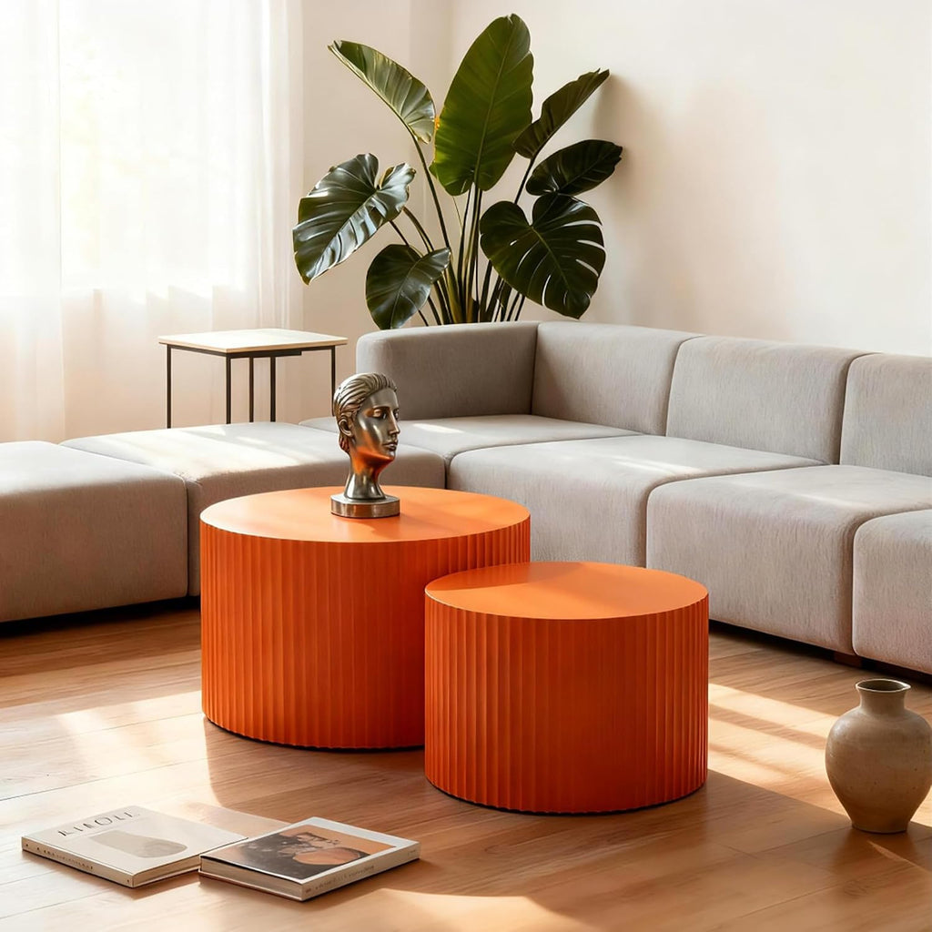Nesting Coffee Table Set of 2, 23.6 inch Round Coffee Tables, MDF Nesting Tables with Roman Column Design, Modern Handcrafted Wooden Drum Accent Tables for Living Room - Orange