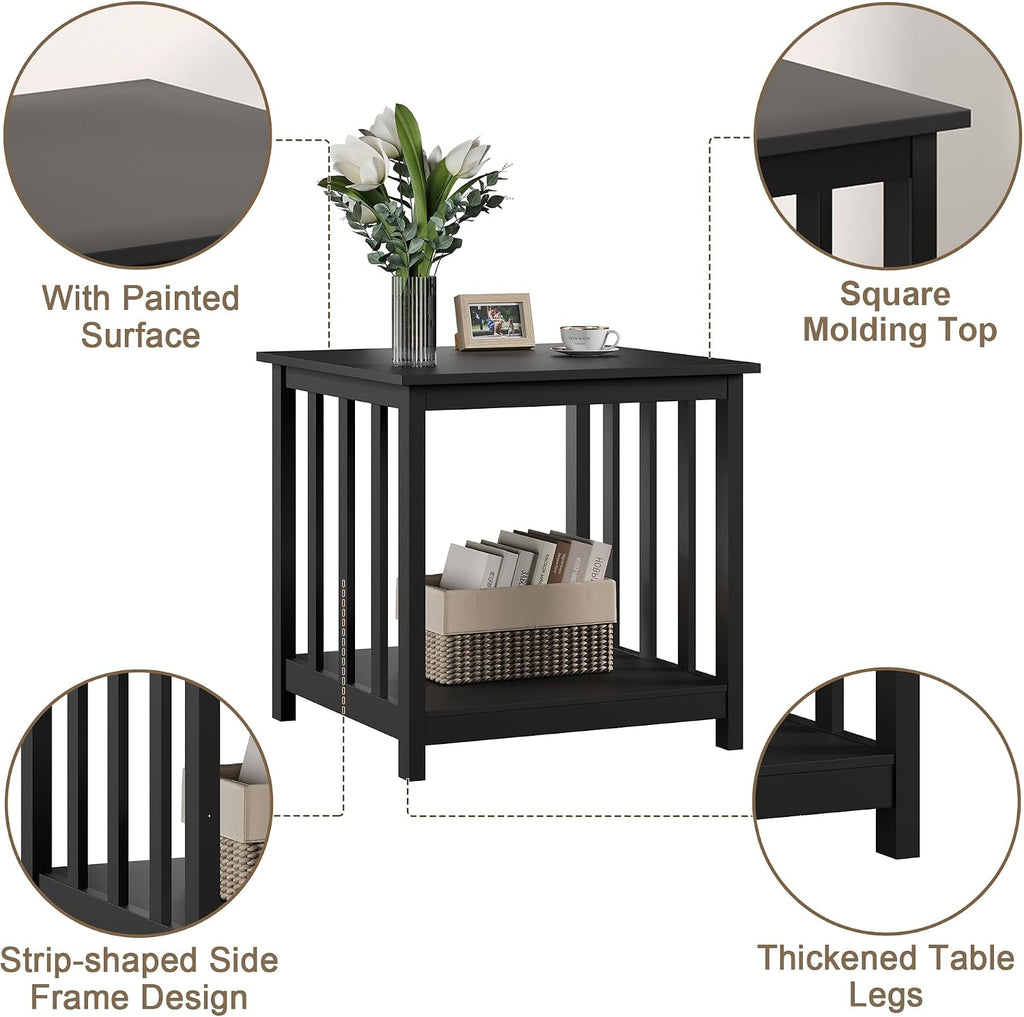 Treocho End Tables Living Room Set of 2, 24 Inch Square Side Table with 2-Tier Storage Shelf, Modern Nightstand for Living Room, Bedroom, Office, Black