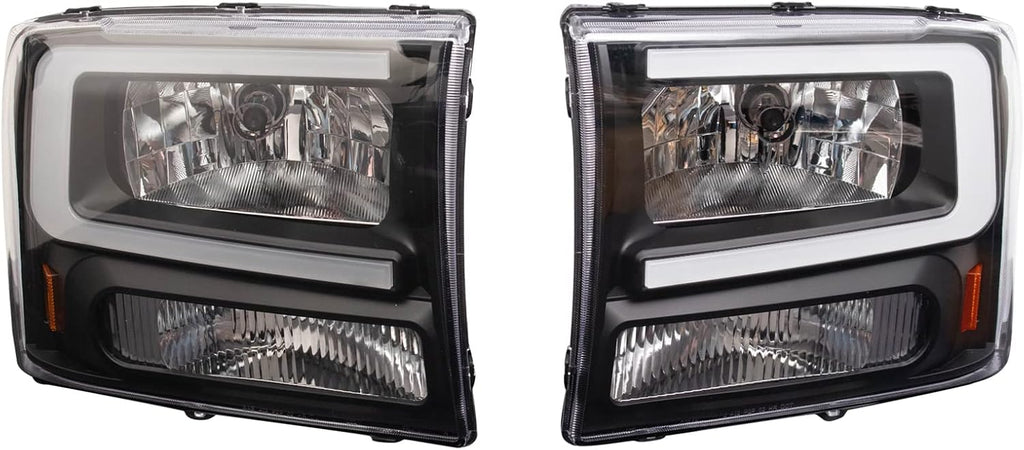 TRQ 2 Piece Headlight Assembly Set Performance Halogen LED C Light Bar Black Bezel Driver & Passenger Side Compatible with Ford Excursion 2000-2004 F250 F350 Super Duty 1999-2004 FO2502147 FO2503147