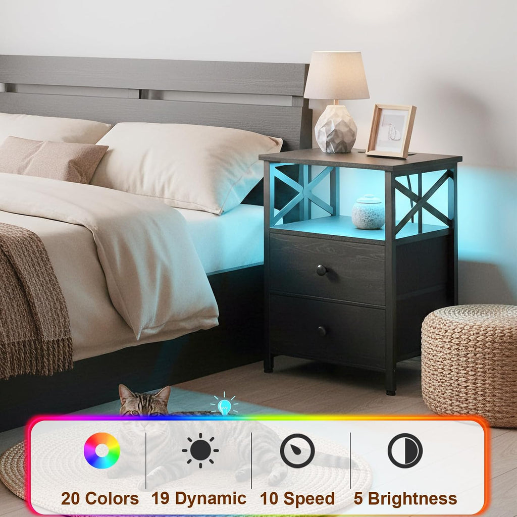 AMHANCIBLE Night Stand Set of 2 with Charging Station and LED Lights, Large 2-Drawer Bedside Tables with USB Ports and AC Outlets, Modern Nightstand for Bedroom, Black, HET052LBK