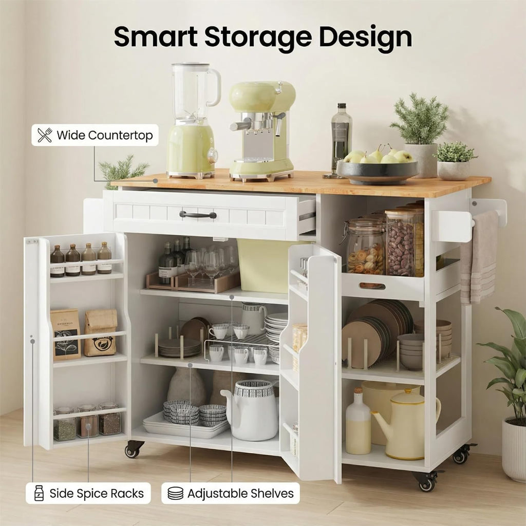 Gizoon Update Kitchen Island, 41.7' W Kitchen Island with Storage, Rolling Island Table on 5 Wheels, with Drop Leaf, Refrigerator Door, Adjustable Shelf, Spice/Towel Rack, Removable Tray, White