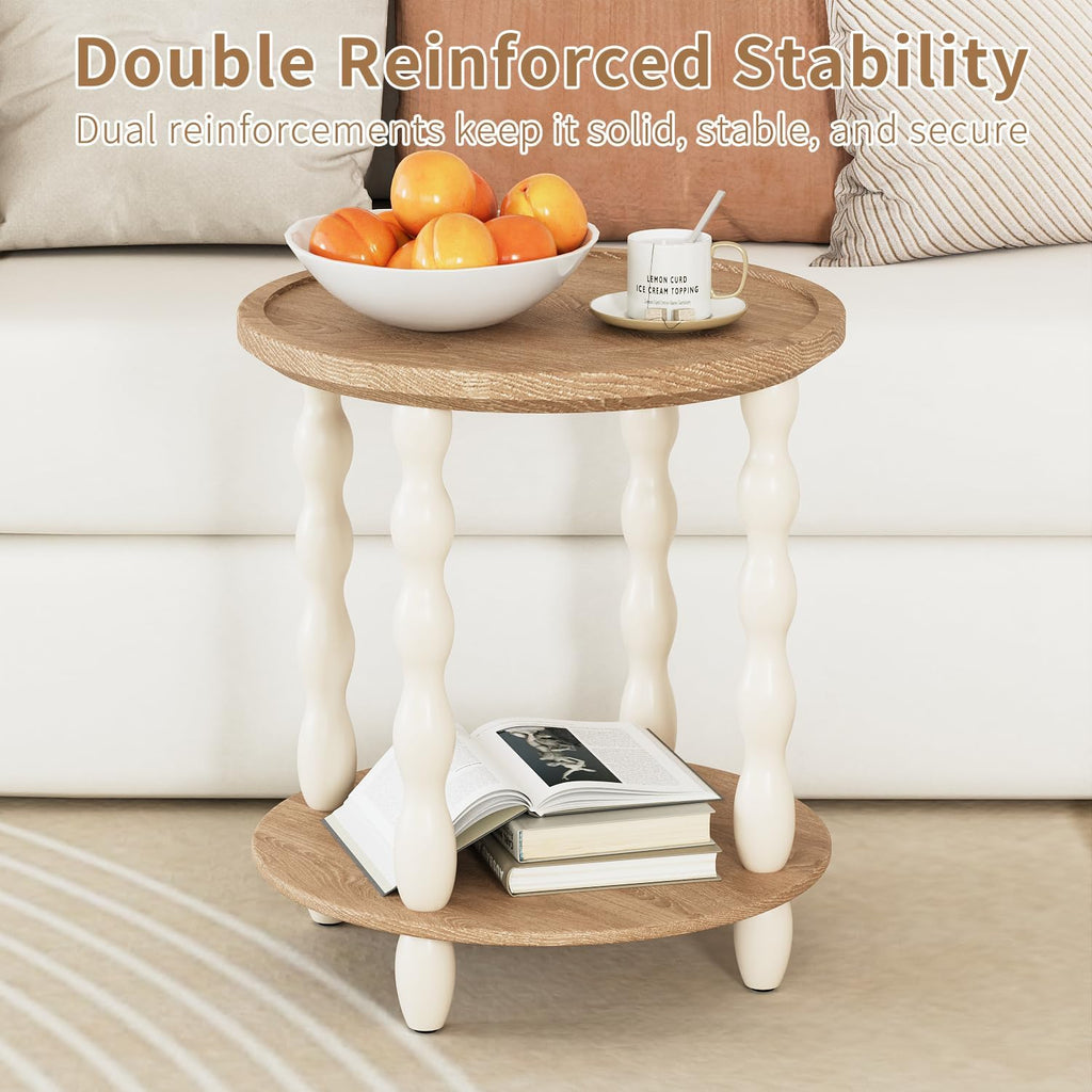 Round End Table, 2-Tier Farmhouse End Table, 18.5'' Handcrafted Weathered Look Wooden Nightstand, Pine Leg, Small Side Tables for Living Room, Small Space, Bedroom, Boho, Easy Assembly, Cream Beige