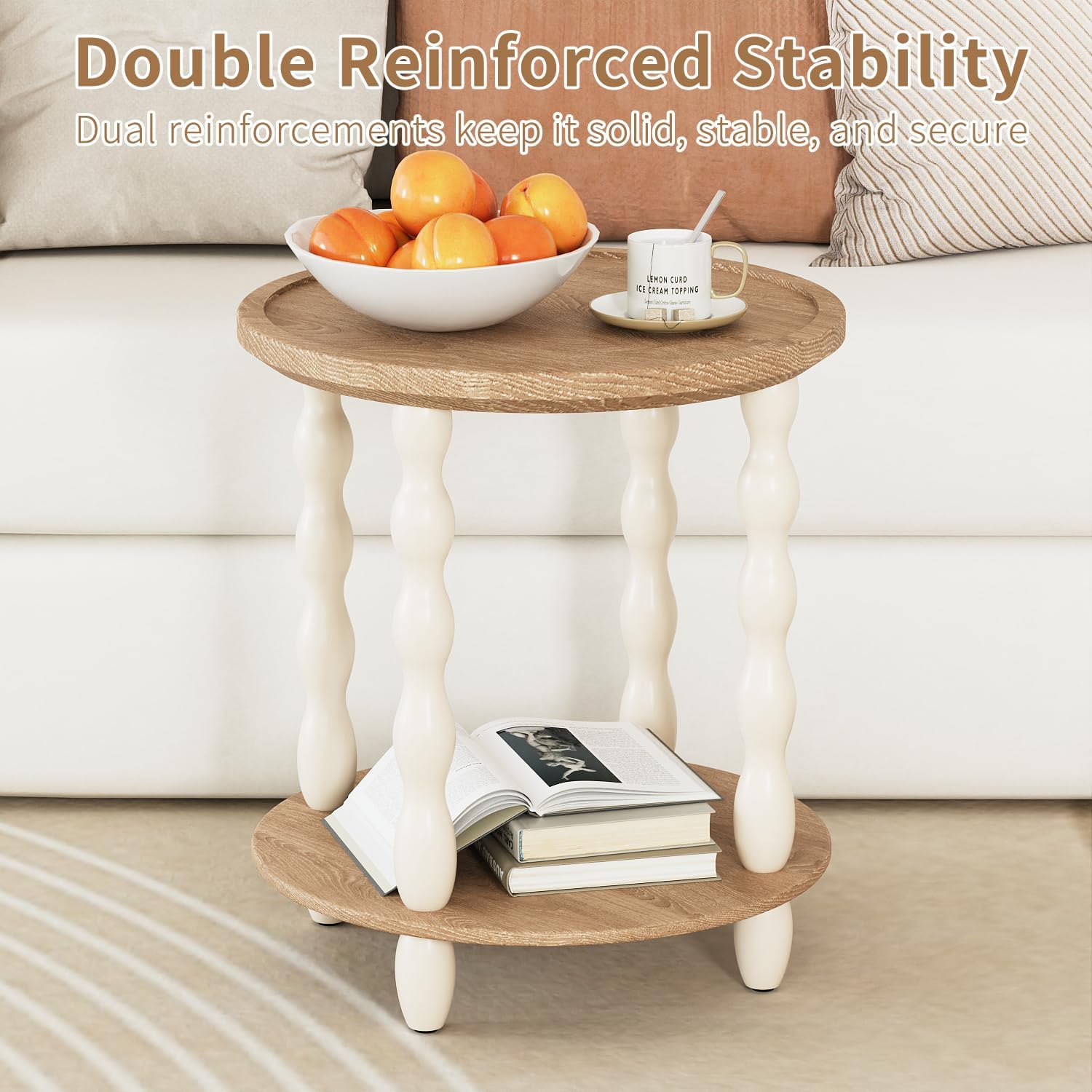 Round End Table, 2-Tier Farmhouse End Table, 18.5'' Handcrafted Weathered Look Wooden Nightstand, Pine Leg, Small Side Tables for Living Room, Small Space, Bedroom, Boho, Easy Assembly, Cream Beige