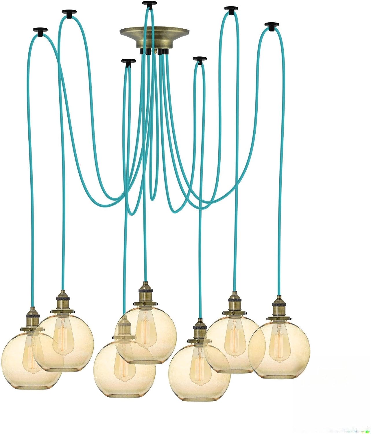 Turquoise7 Pendant Light Chandelier with Amber Glass Globe Shades