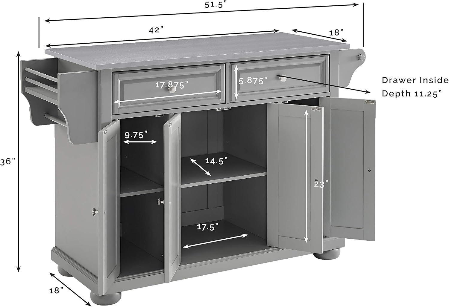 Crosley Furniture Alexandria Stainless Steel Top Rolling Kitchen Island Storage Cart, Microwave Stand, Gray