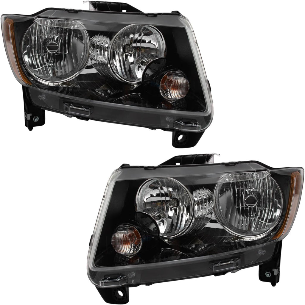 TRQ Driver and Passenger Side Headlight Assembly Set Black Bezel without Projector Headlights Compatible with 13-17 Jeep Compass