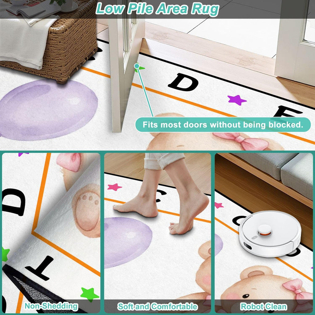 10x14 Kids Learning Rug Washable Area Rugs Set Teddy Bears Pink Balloon Party Cute Baby Teddy Bear Alphabet ABC Learning Carpet Soft Rubber Backed Non-Slip Carpets for Classroom Preschool Nursery