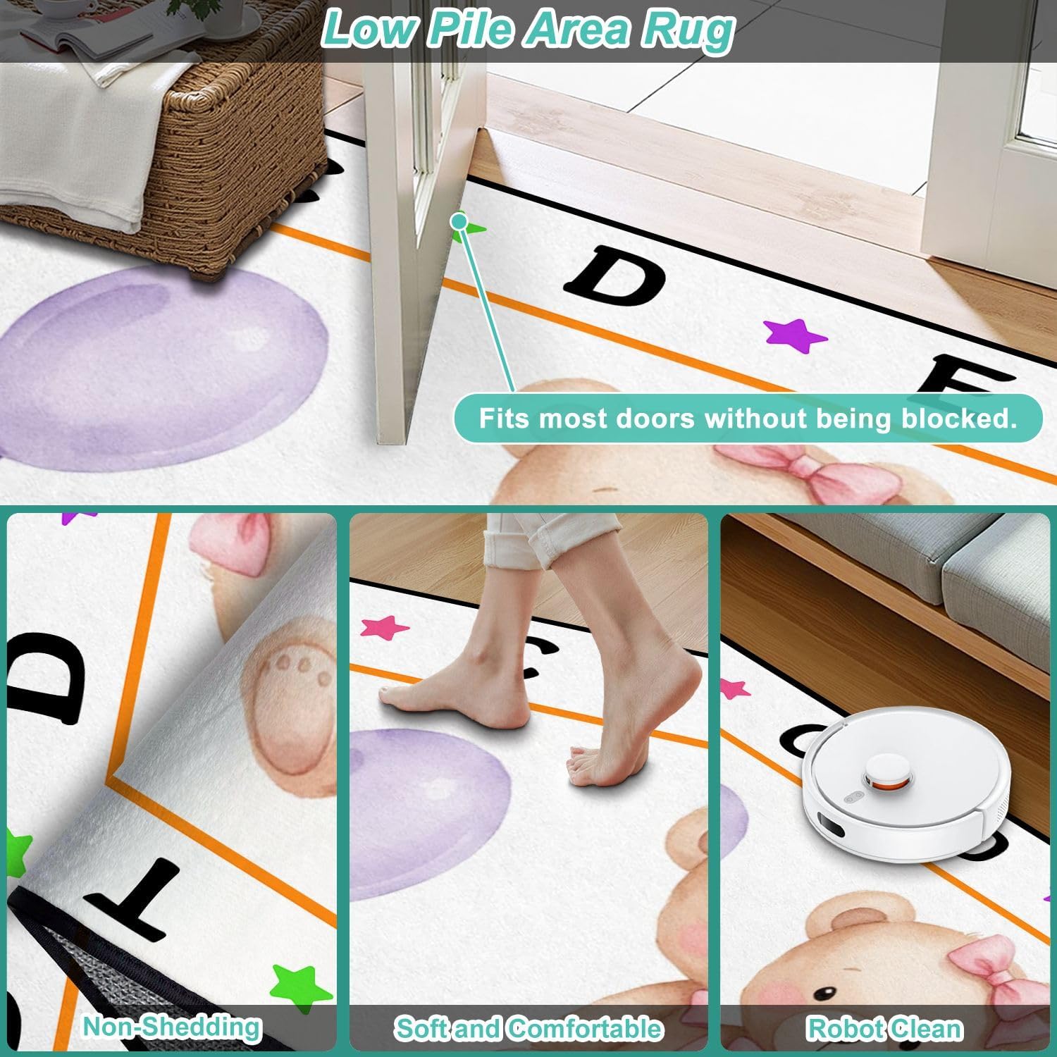 10x14 Kids Learning Rug Washable Area Rugs Set Teddy Bears Pink Balloon Party Cute Baby Teddy Bear Alphabet ABC Learning Carpet Soft Rubber Backed Non-Slip Carpets for Classroom Preschool Nursery
