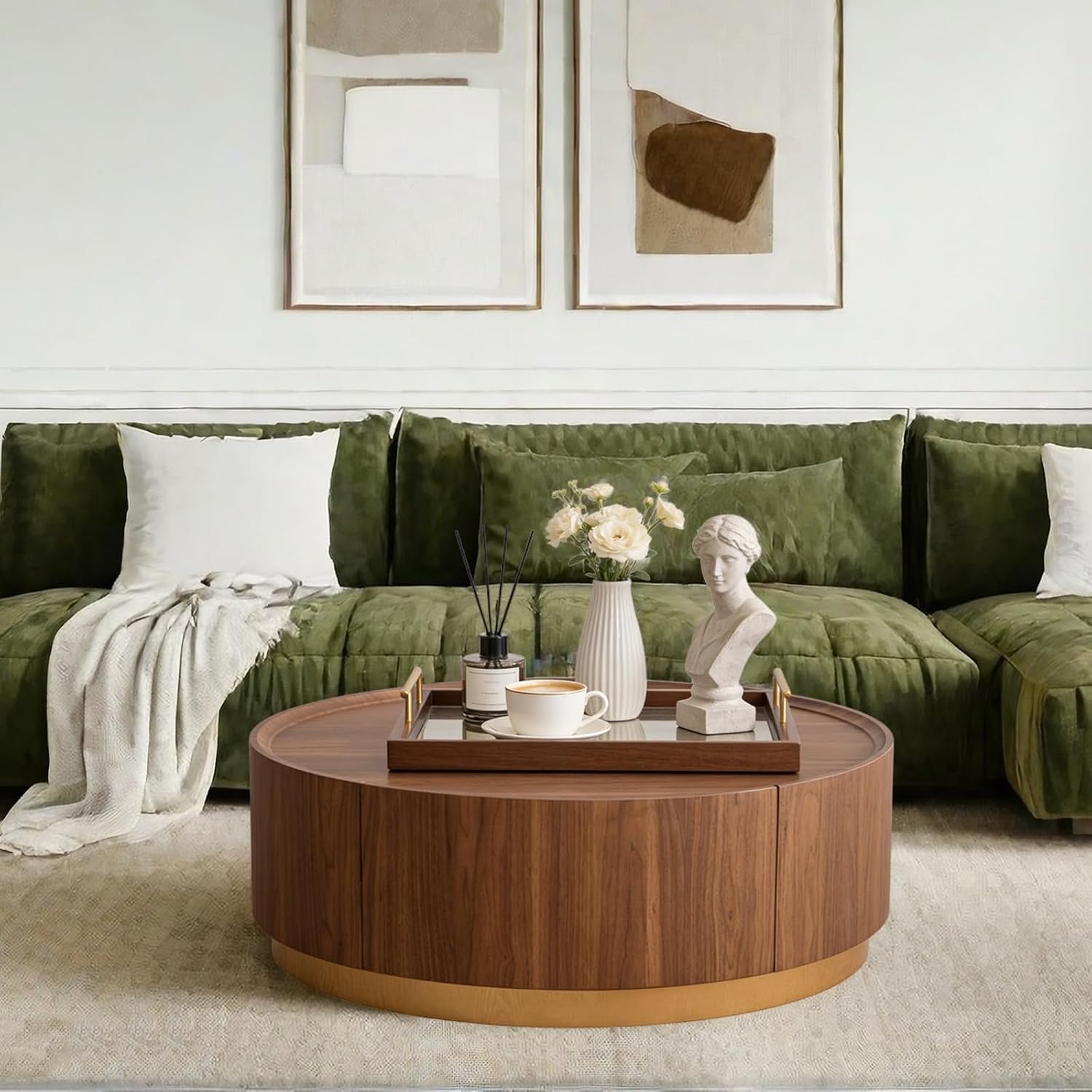35.4' Round Coffee Table with Storage, Mid Century Modern Coffee Table with Hidden Drawer, Wooden Circle Center Tables, Drum Accent Tea Tables for Living Room Small Spaces (Walnut with Drawer)