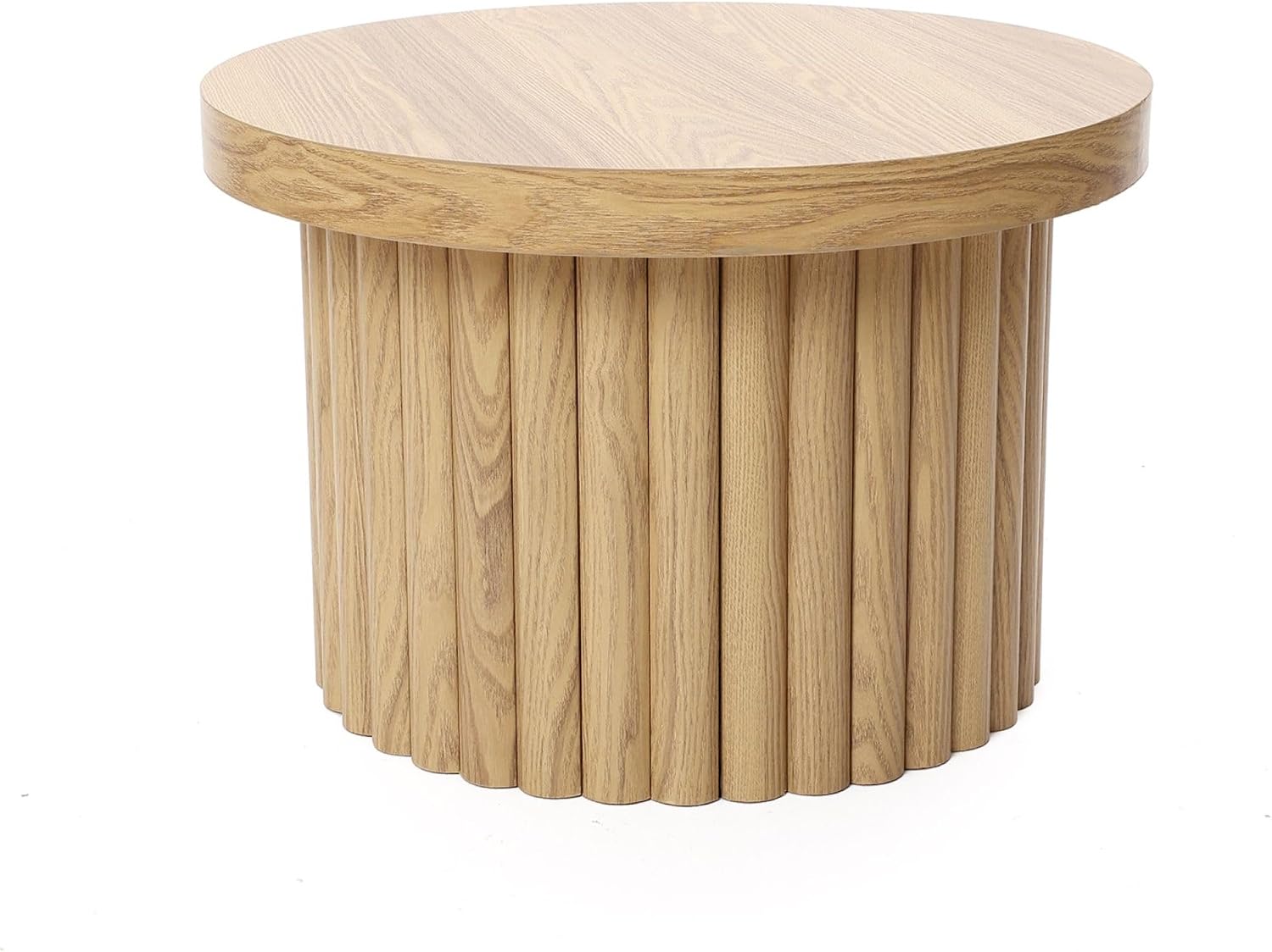 LuxenHome 23.5' Small Round Coffee Table, Wooden Fluted Oak Accent Table, Modern Side Tables for Living Room