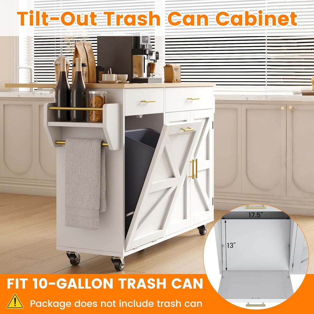 VVFLU 51.8' Kitchen Island Cart with Trash Can Storage, Kitchen Island on Wheels with Power Outlet & Drop Leaf, Rolling Kitchen Cart with Towel Rack & Spice Rack, Mobile Islands Table for Kitchen