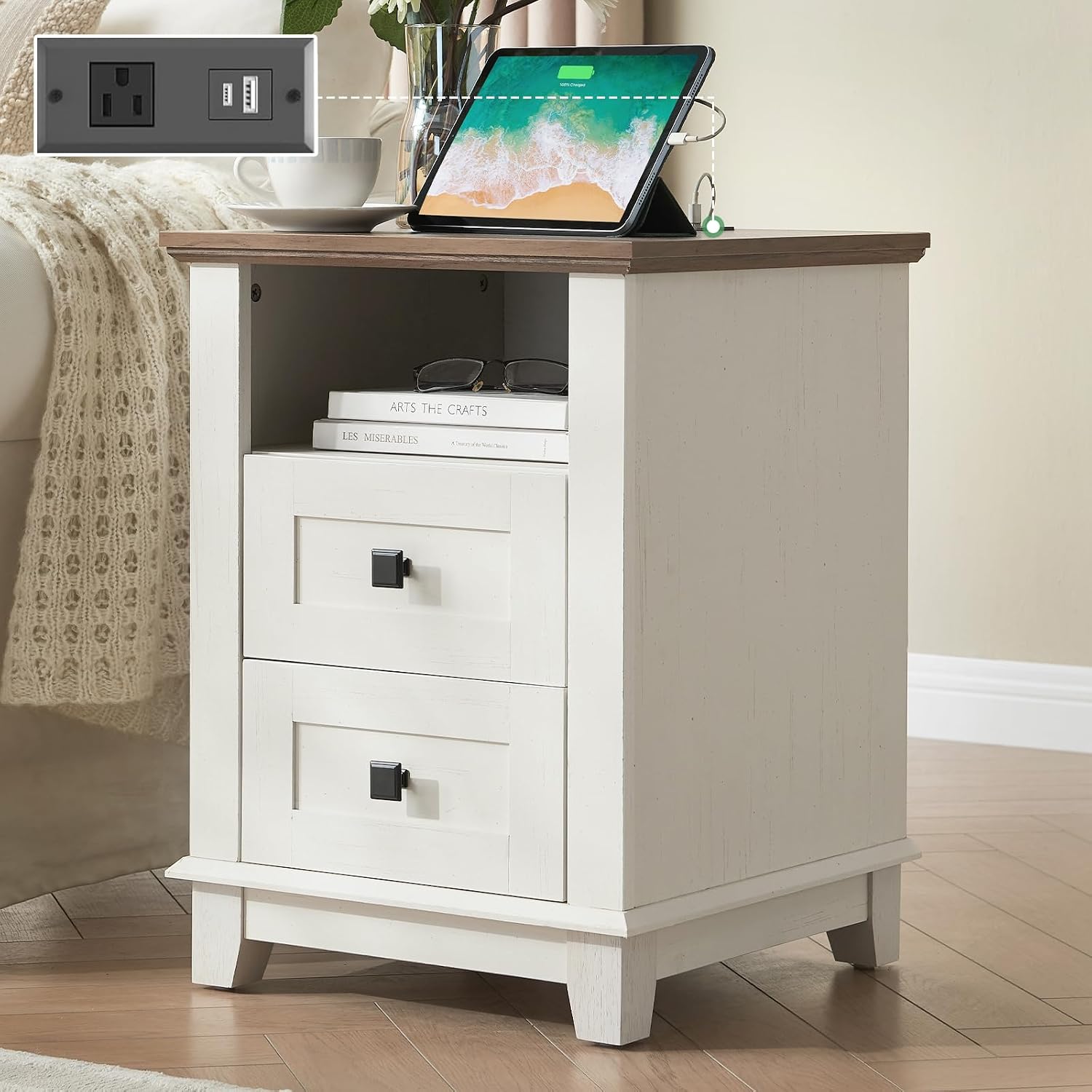 AMERLIFE 18' Farmhouse Nightstand Set of 2, End Table with Charging Station, with 2 Storage Drawers, Bedside Table with USB Ports, Rustic White