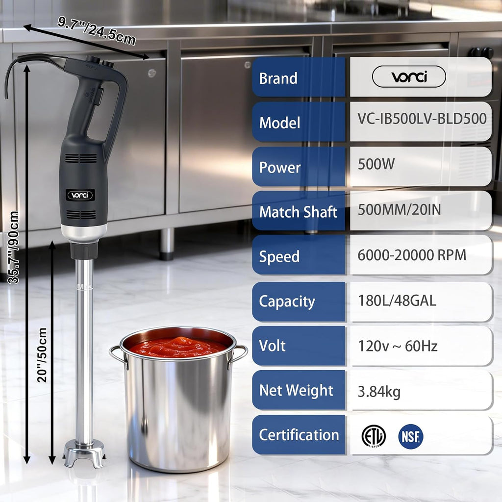 VONCI 500W Commercial Immersion Blender Handheld, 20' 304 Removable Shaft, Heavy Duty Stick Blender with Variable Speed 6000-20000RPM, Long Hand Mixer for Professional Kitchen Use.