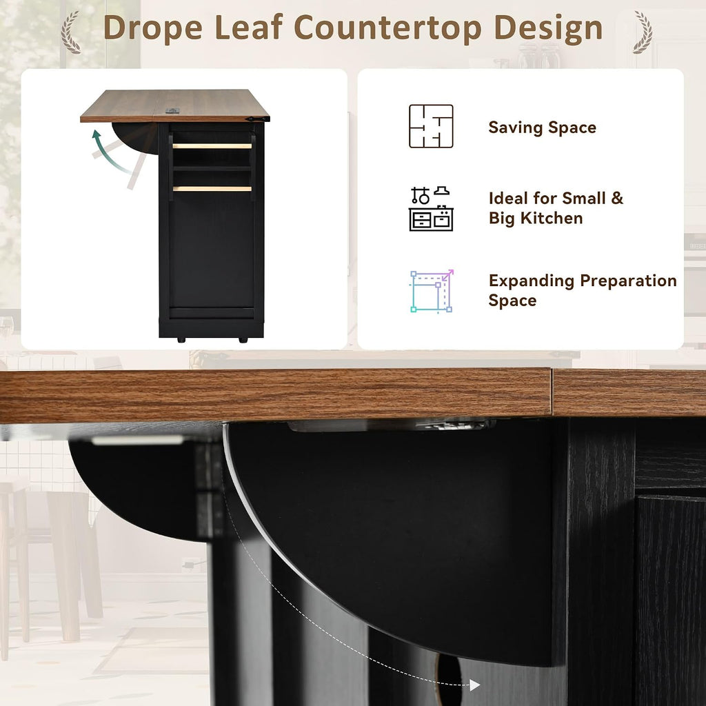 53.7' Farmhouse Kitchen Island with Power Outlet and Sliding Barn Doors, Rustic Kitchen Storage Islands with Drop Leaf, Rolling Kitchen Cart with Drawers and Spice Rack for Dining Room