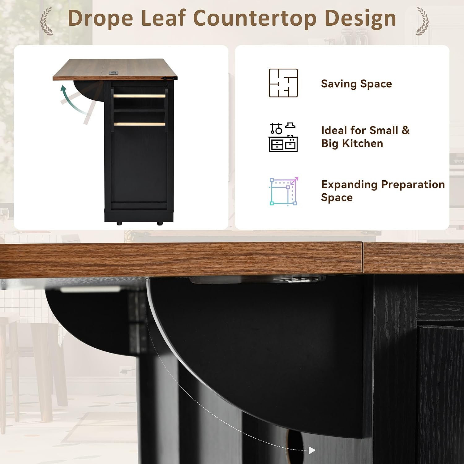 53.7' Farmhouse Kitchen Island with Power Outlet and Sliding Barn Doors, Rustic Kitchen Storage Islands with Drop Leaf, Rolling Kitchen Cart with Drawers and Spice Rack for Dining Room