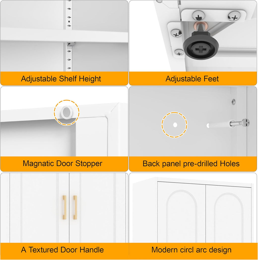 Metal Storage Cabinet with 3 Adjustable Shelves, 60' Tall Kitchen Storage Cabinet with Gold Handles, White Pantry Cabinets for Kitchen, Living Room, Hallway - Assembly Required