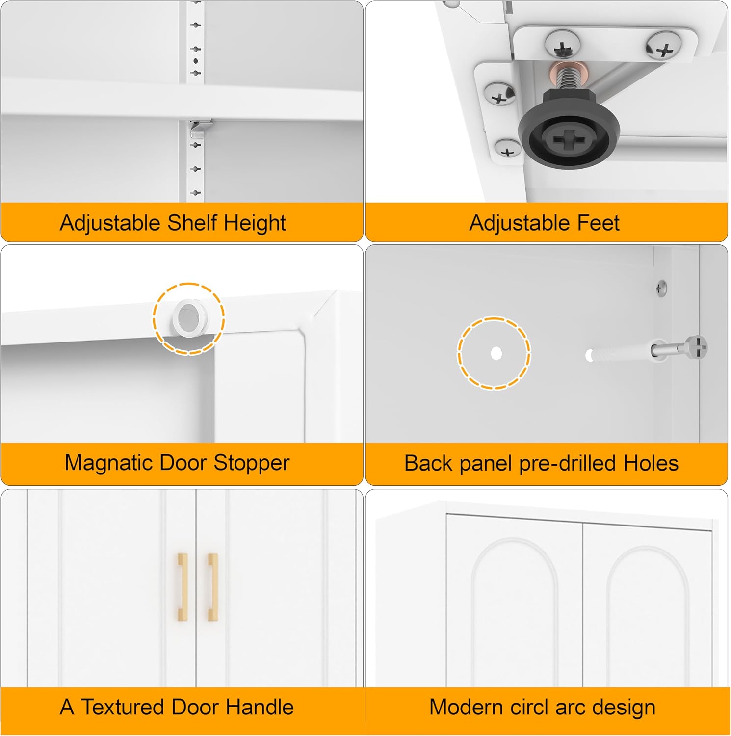 Metal Storage Cabinet with 3 Adjustable Shelves, 60' Tall Kitchen Storage Cabinet with Gold Handles, White Pantry Cabinets for Kitchen, Living Room, Hallway - Assembly Required