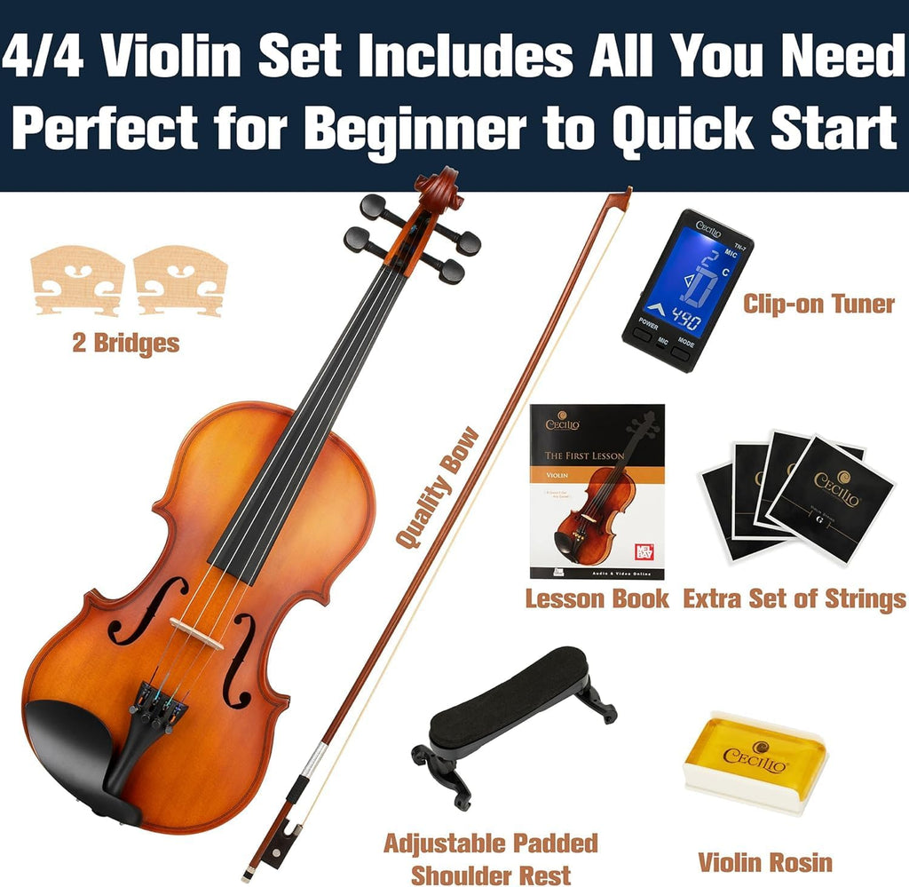 Mendini By Cecilio Violin 4/4 Full Size For Beginners - Fiddle Solidwood Kit with Hard Case - Acoustic Violins with Bow, Rosin, Tuner, Extra Strings & Bridge, Shoulder Rest and Lesson Book