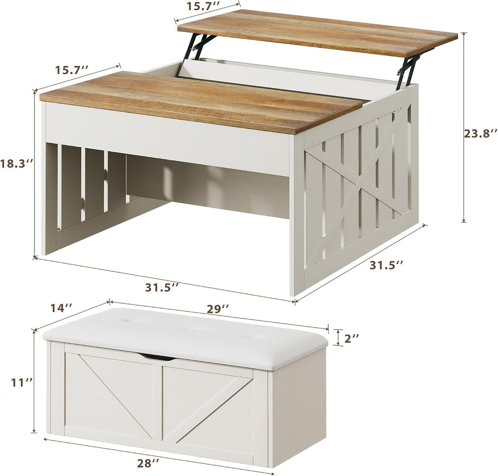 HUAHUU Coffee Table, 31.5 Lift Top Coffee Tables with Storage Hidden Compartment, Farmhouse Coffee Tables with Ottoman Bench, Center Table with Wooden Lift Tabletop for Living Room, White