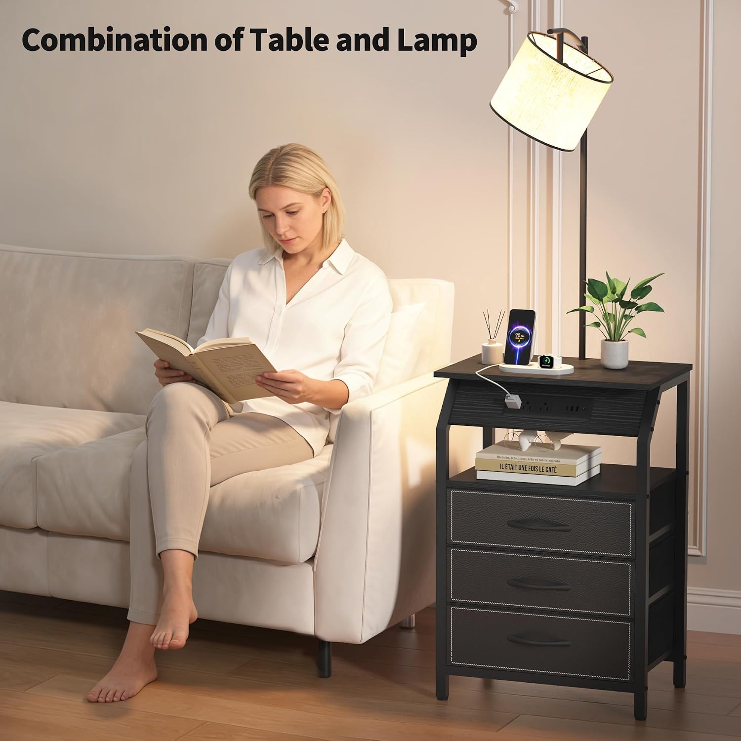 End Table with Floor Lamp Set of 2, Nightstand with Charging Station, Floor Lamp Table with 3-Color Temperature Bulb, Bedside Table Night Stand with 3 Drawers for Bedroom, Living Room, Black
