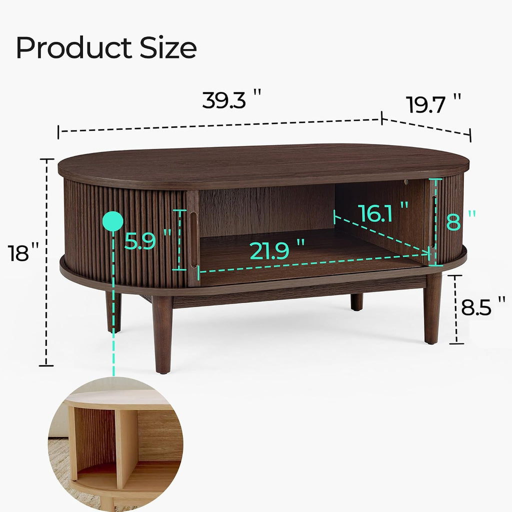LINSY HOME Oval Coffee Table, Wood Coffee Table with Storage, Fluted Accent Center Table with Sliding Tambour Door, 39' Mid Century Modern Coffee Tables for Living Room, Bedroom, Apartment, Walnut