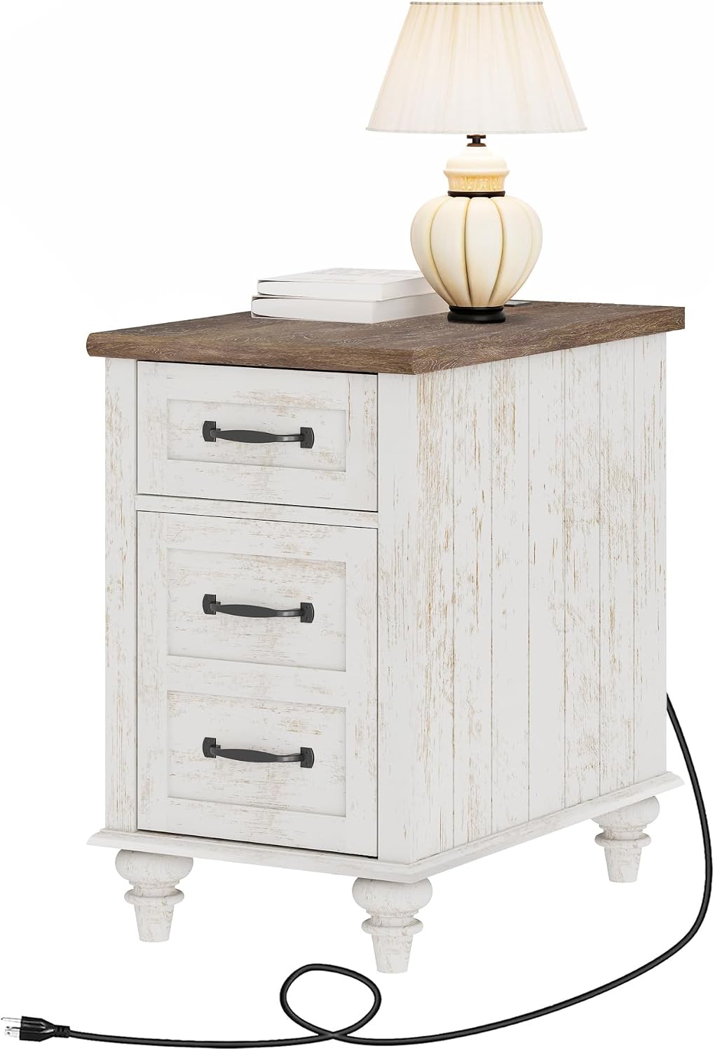 WAMPAT Antique White End Table with Charging Station, Wooden Side Table with Drawer & Storage Cabinet, Farmhouse Nightstand with Power Outlets & USB Ports for Living Room, Bedroom