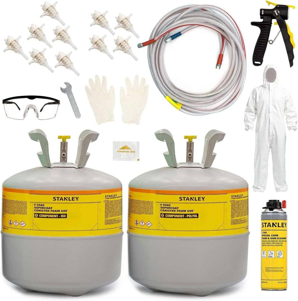 STANLEY F 994C Supercoat Canister Spray Foam Insulation Kit (600 Board Feet) - Class A Fire Rated Closed Cell Two Component Foam Sealant for Wall, Attic, Garage & Crawl Space | Includes Gun & Hose