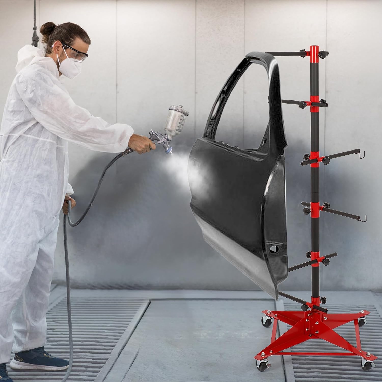 Panel Tree Automotive Paint Stand with 6 Hook Levers, 47 Inch Panel Holder wtih Adjustable Center Post, Paint Rack for Hang Automotive Doors, Fenders, Bumpers