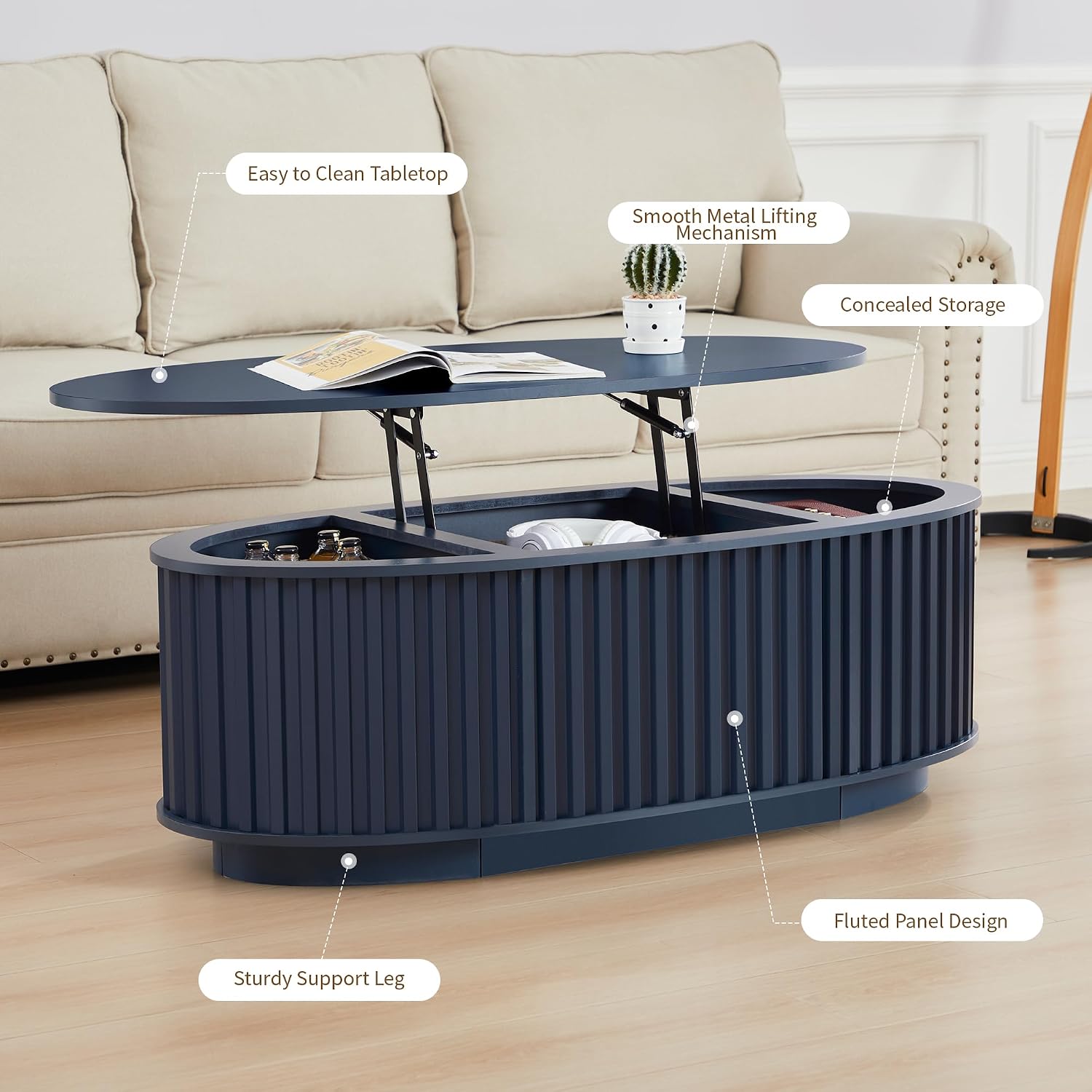 Oval Coffee Table, 43.3'' Fluted Lift Top Coffee Table with Hidden Storage Compartment, Mid Century Modern Dining Table Wooden Center Table for Living Room, Office, Small Spaces