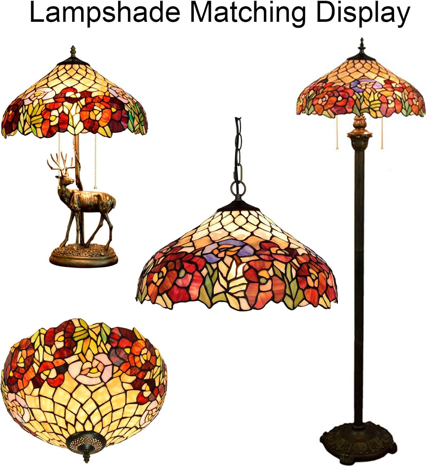 16 Inch Tiffany Stained Glass Single Lampshade Colored Rose Table Lamp Shade Pendant Hanging Light Fixture Ceiling Lamp Floor lamp Replacement Shade Red Blue Flower Green Leaves