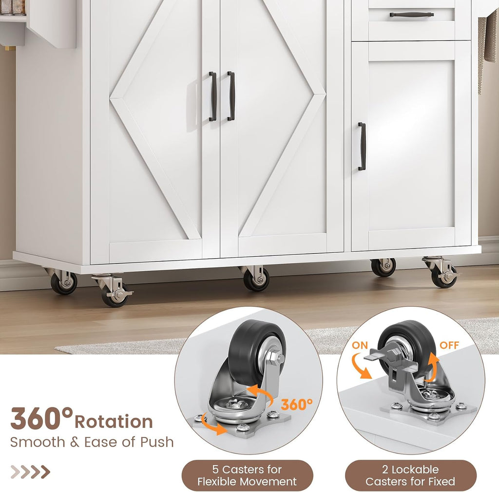 VVFLU Rolling Kitchen Island On Wheels, Kitchen Island Cart with Drop Leaf Countertop, Barn Door Island Table with Storage Cabinet and 2 Drawer, 5 Wheels, Towel Rack and Spice Rack, White