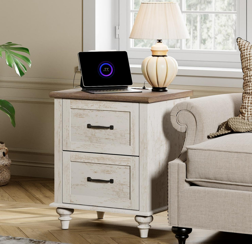 WAMPAT Antique White Side Table Nightstand with Charging Station, Wood End Table with 2 Drawers for Living Room, Rustic Night Stand Farmhouse Bedside Table for Bedroom, Kids Room
