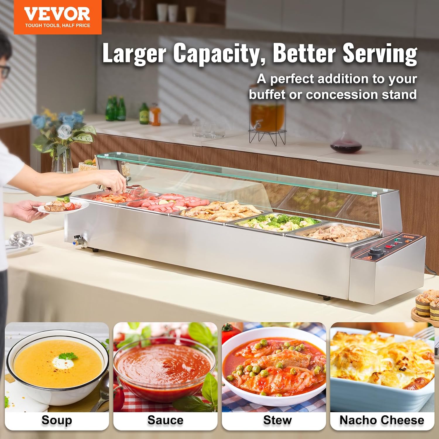 VEVOR 5-Pan Commercial Food Warmer, 5 x 12QT Electric Steam Table with Glass Cover, 1700W Countertop Stainless Steel Buffet Bain Marie 86-185°F Temp Control for Catering, Restaurants, Silver