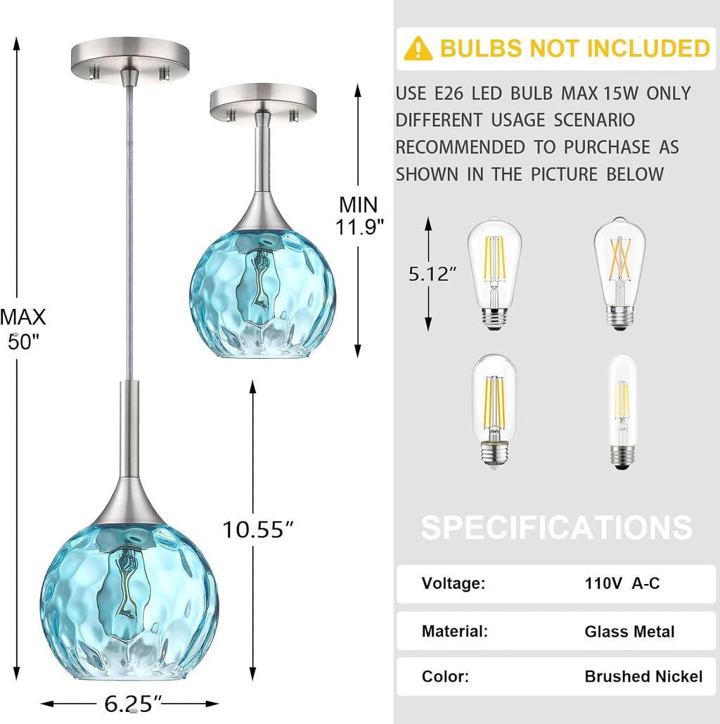 6.3' Blue Texture Glass Rod Pendant Light 3 Pack Pendant Ceiling Light Fixture Brushed Nickel Finish Modern Farmhouse Dinning Over Sink Adjustable Height Cord