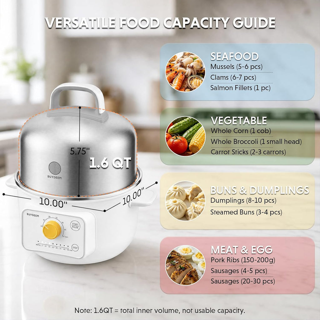 BUYDEEM G32 Electric Food Steamer 1.6QT, Stainless Steel Steamer for Vegetable Egg Seafood, 8 Time Settings, Triple Dry Protection, Quick Steam, Healthy Cooking for 1-2 Servings, Arctic White