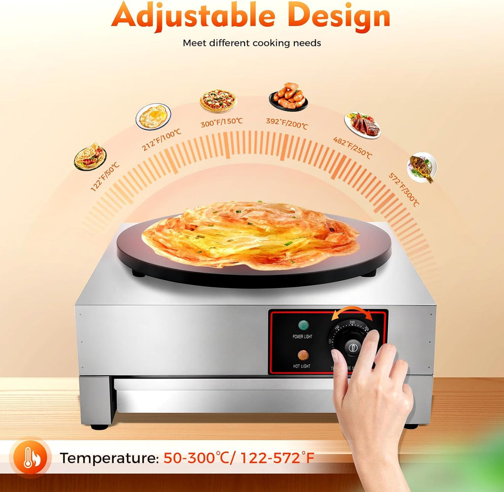 16' Commercial Crepe Maker 1700W Electric Non Stick Pancake Machine with plug, 122-572℉ Adjustable Temperature Big Hotplate Pancake Frying Pan Stove for Kitchen Convenience Store Snack Stand