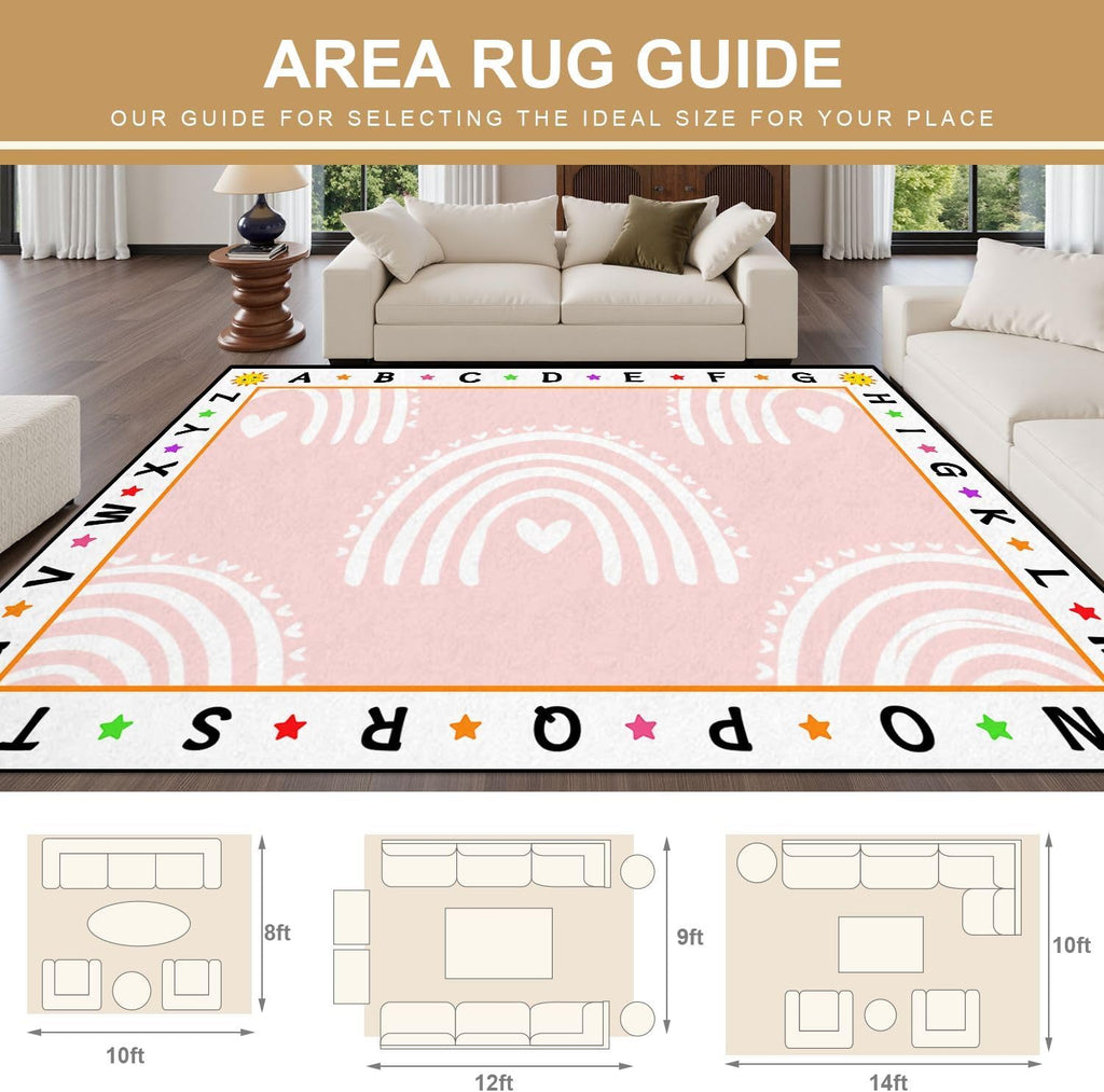 10x14 Kids Learning Rug Washable Area Rugs Kids pink pastel rainbows Summer for baby Scandinavian style Alphabet ABC Learning Carpet Soft Rubber Backed Non-Slip Carpets for Classroom Preschool Nursery