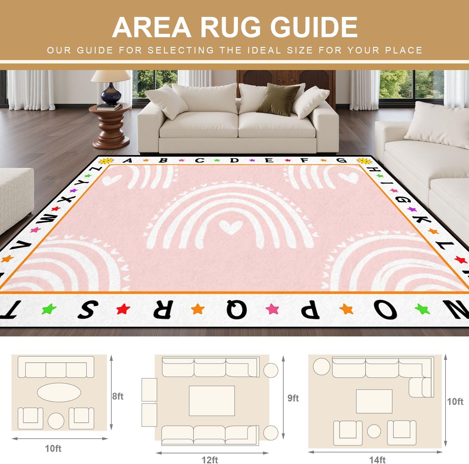 10x14 Kids Learning Rug Washable Area Rugs Kids pink pastel rainbows Summer for baby Scandinavian style Alphabet ABC Learning Carpet Soft Rubber Backed Non-Slip Carpets for Classroom Preschool Nursery