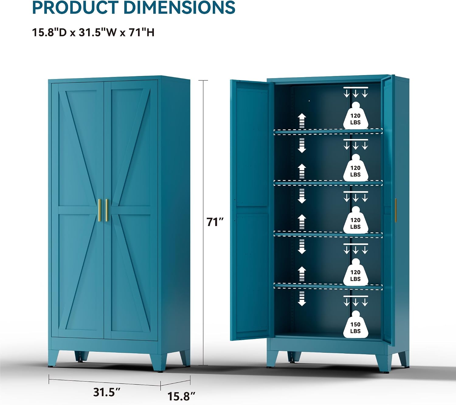 Farmhouse Pantry Cabinet with Barn Doors, 71' H x 31.5' W, 5-Tier Metal Storage Cabinet with 4 Adjustable Shelves for Kitchen Garage Dining Room,Blue 1 Pack