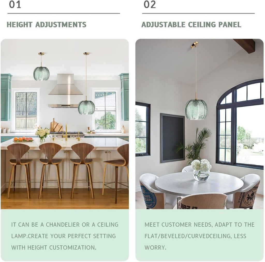 2-Pack Green Ceiling Pendant Light Fixtures for Dining Room Large Gold Globe Kitchen Island Pendant Light Hand-Blown Glass Shade Adjustable Hanging Lights Bedroom Pendant Lights
