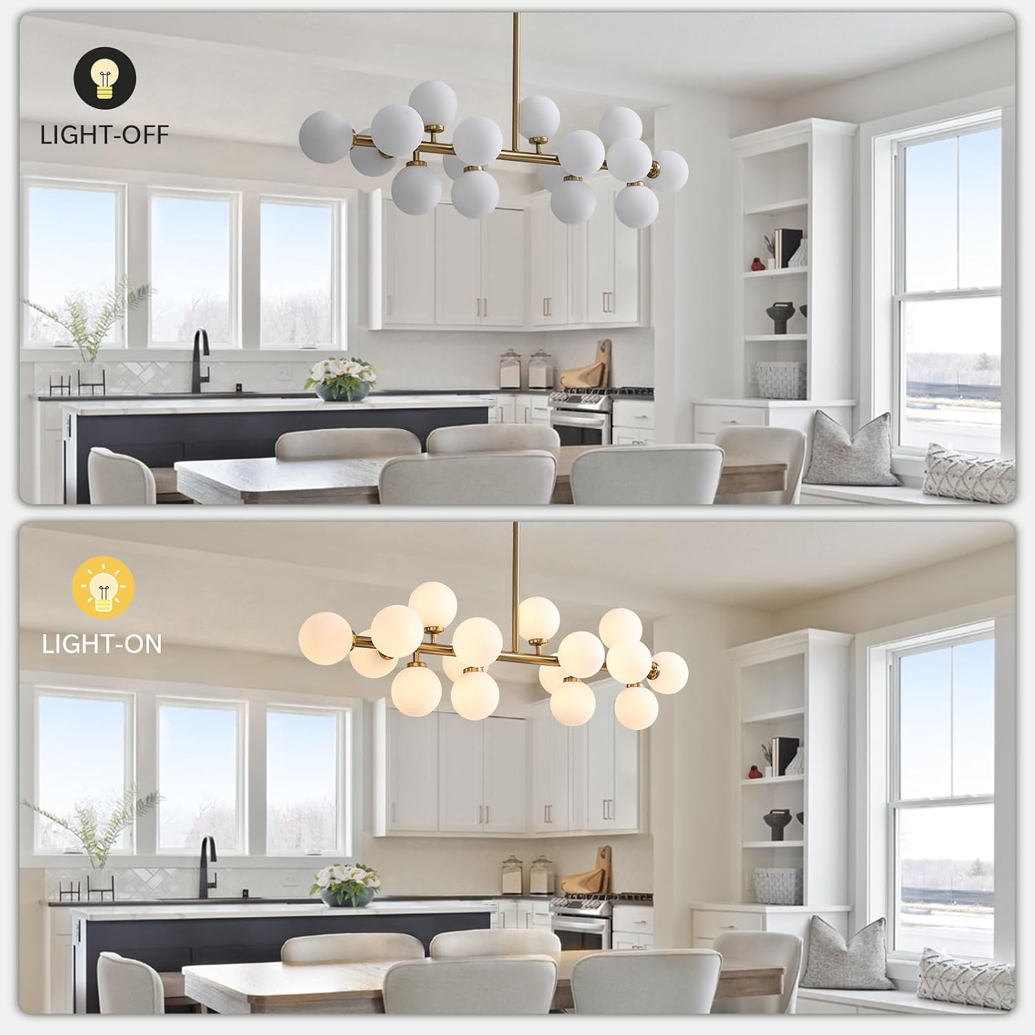 Gold Dining Room Chandelier Over Table Mid Century Modern Chandelier White Glass Globe Lampshade Linear Pendant Lighting Fixture for Living Room Dining Table 16 Lights