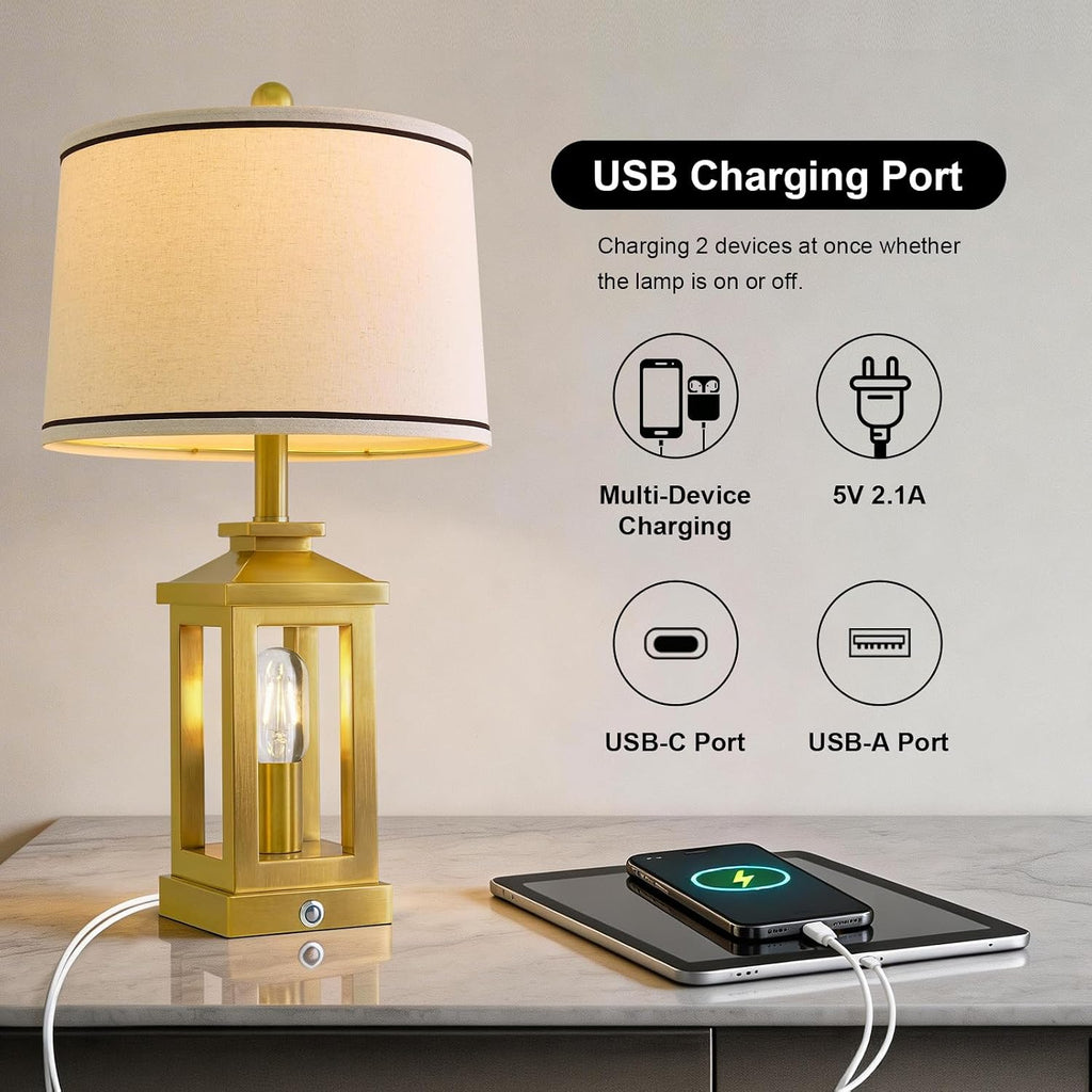 G-SAFAVA 24' Table Lamps for Living Room Bedroom Modern Gold Bedside Lamps Set of 2 Nightstand Lamps for Night Stands 3 Way Dimmable Touch Lamp with USB C+A Ports and 2 Light Sources, 4 Bulbs Includes