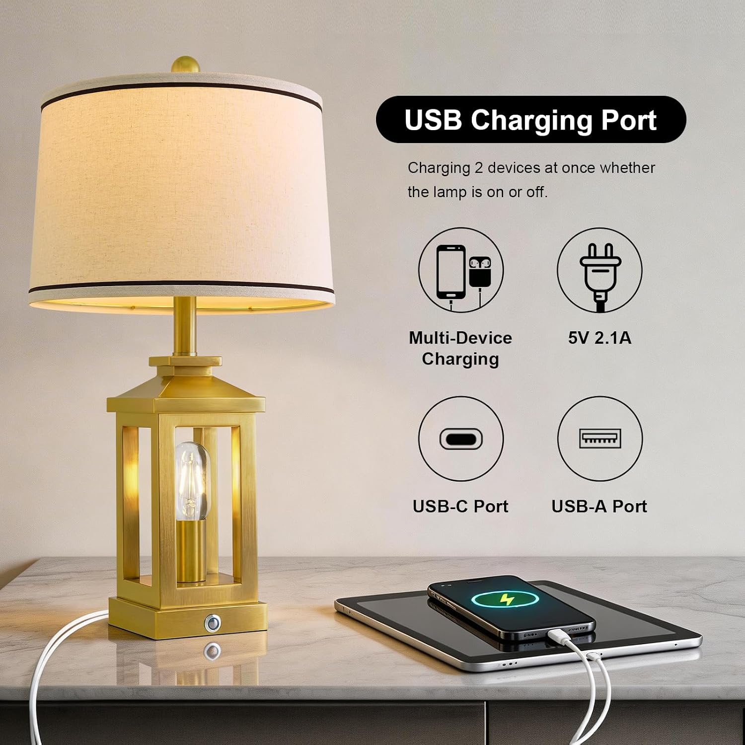 G-SAFAVA 24' Table Lamps for Living Room Bedroom Modern Gold Bedside Lamps Set of 2 Nightstand Lamps for Night Stands 3 Way Dimmable Touch Lamp with USB C+A Ports and 2 Light Sources, 4 Bulbs Includes
