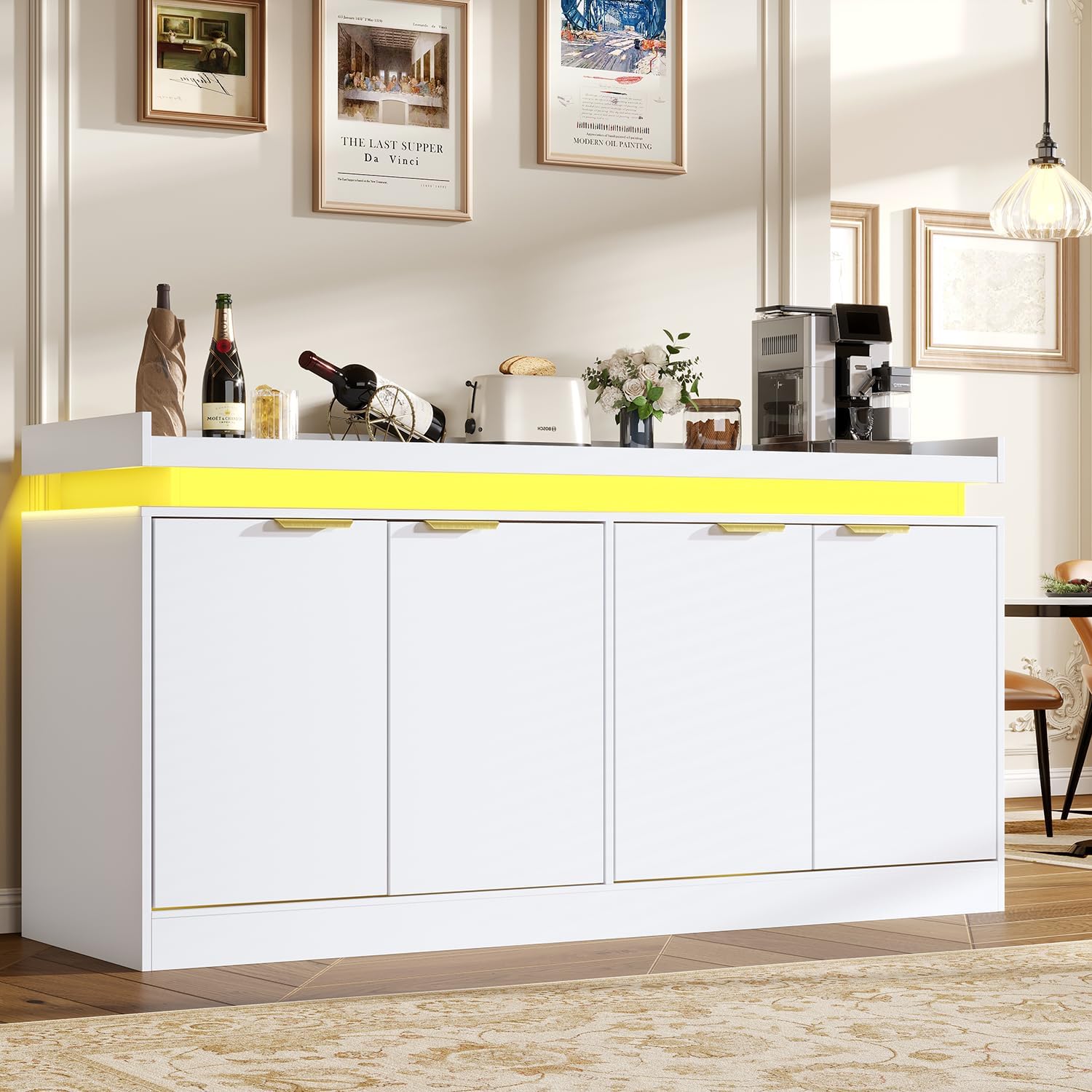 knoworld LED Sideboard Buffet Cabinet with Storage, 63'' Large Kitchen Cabinet Storage Cabinets with 4 Doors, Wood Coffee Bar Cabinets Buffet Table for Kitchen, Dining Room, Living Room (White)