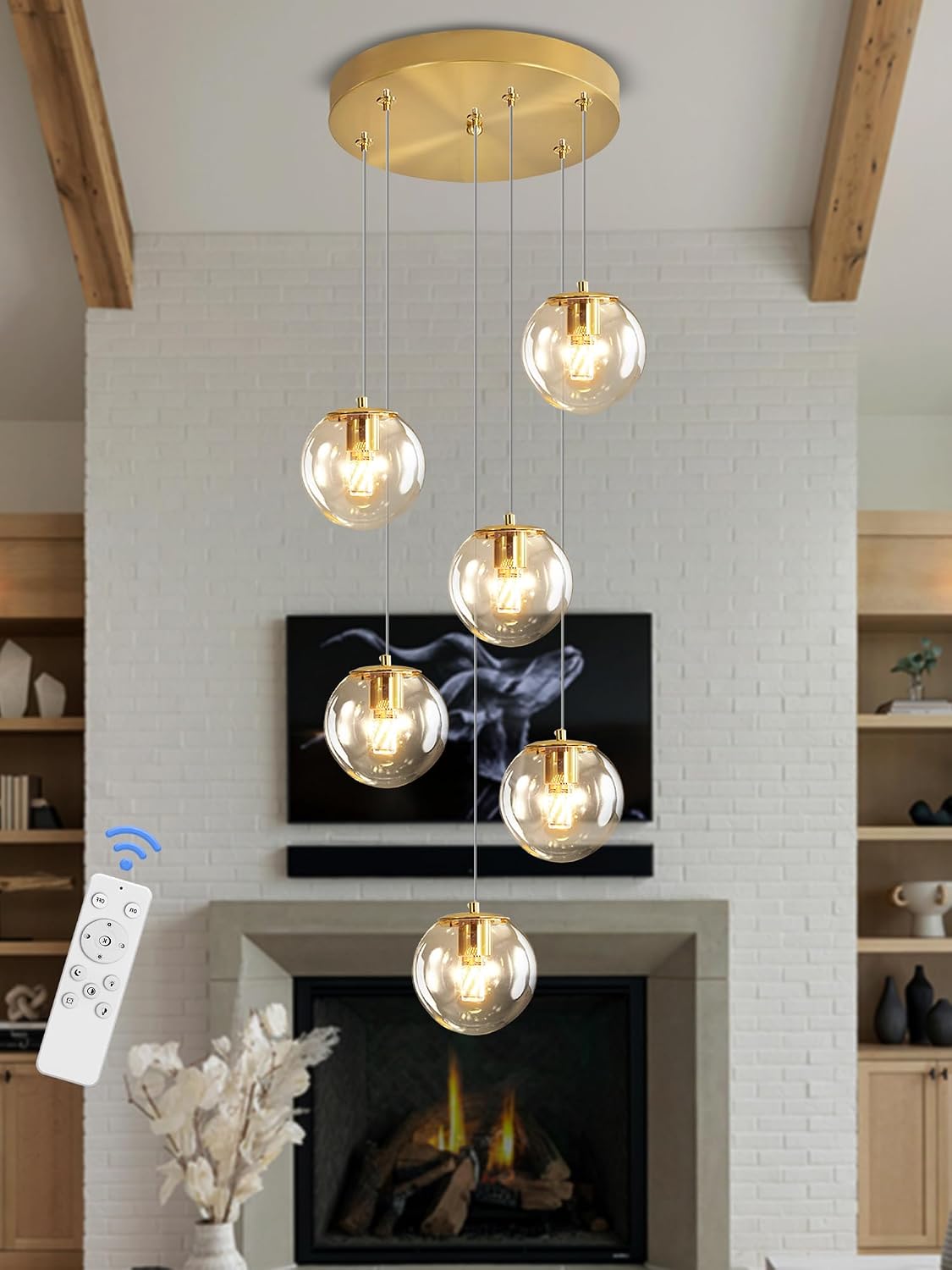 ykolupty 6-Light LED Staircase Modern Glass Globe Pendant Light Gold Chandeliers Large Chandeliers for High Ceilings, Entryway Lighting Fixture Villas and Stairs