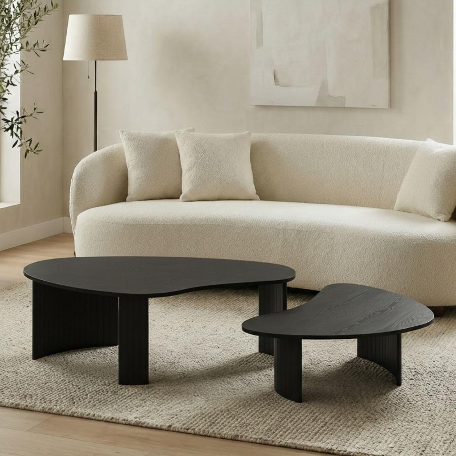 Hyfirm Modern Black Wood Coffee Table 47.25 Inch for Living Room, Sturdy Center Table with Irregular Mango Top and Fluted Legs for Small Apartment
