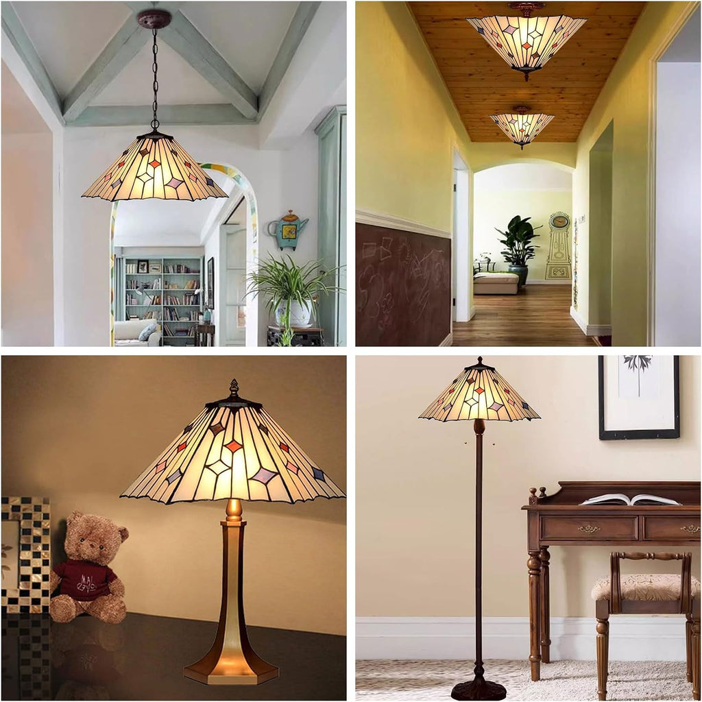 16 Inch White Mission Lamp Shade Replacement Only Tiffany Style Handmade Stained Glass Lampshades, Blue Red Pink Star Hexagon Light Cover Accessories for Table Lamp Pendant Light Floor Lamp
